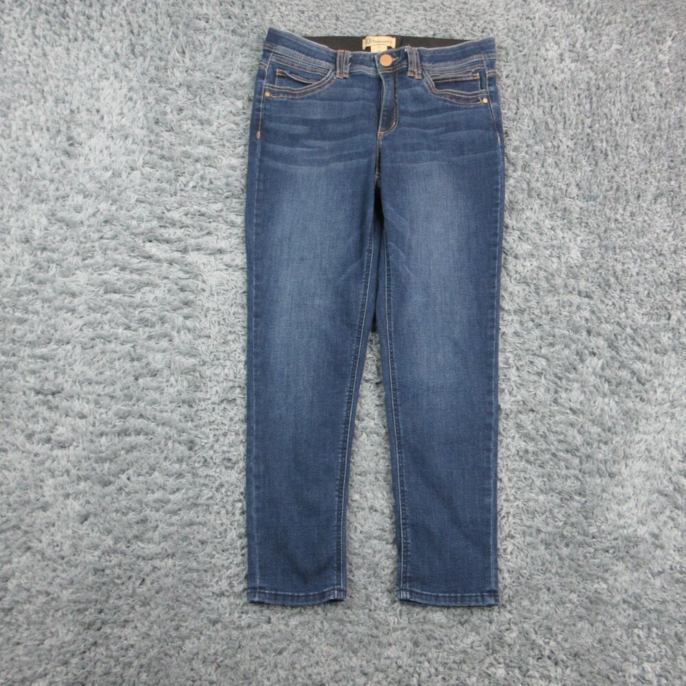 Democracy Jeans Womens 12 Blue Tapered Slim Stretch Pockets Mid Rise 34x27.5*